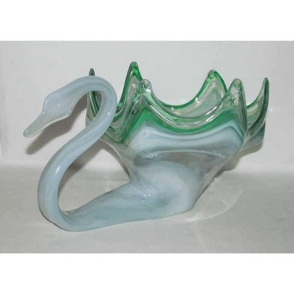 Sooner Glass Co. MCM Marbleized Green and White Large Glass Swan - Picture 1 of 2